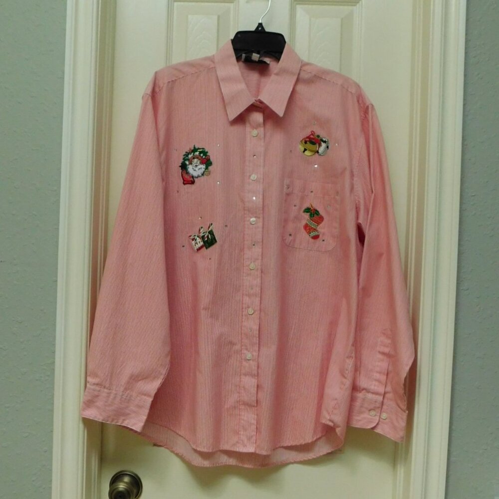 LAS OLAS Women’s Christmas Shirt Button Up Red White Stripe XL